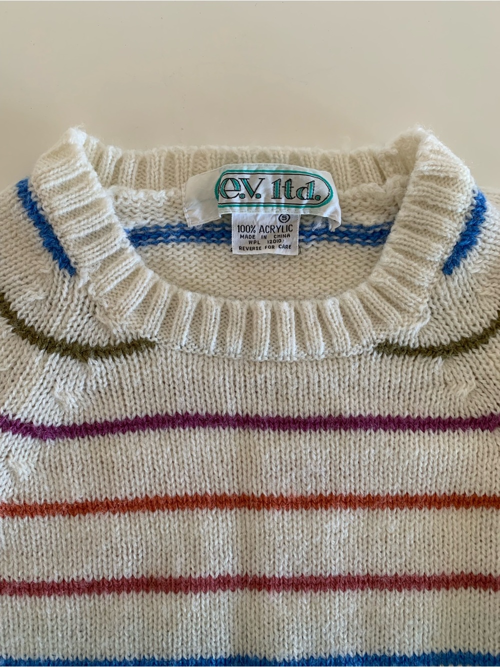 Vintage 80s EV Ltd Cream Striped Crewneck Sweater with Multicolor Stripes - Picture 3 of 3